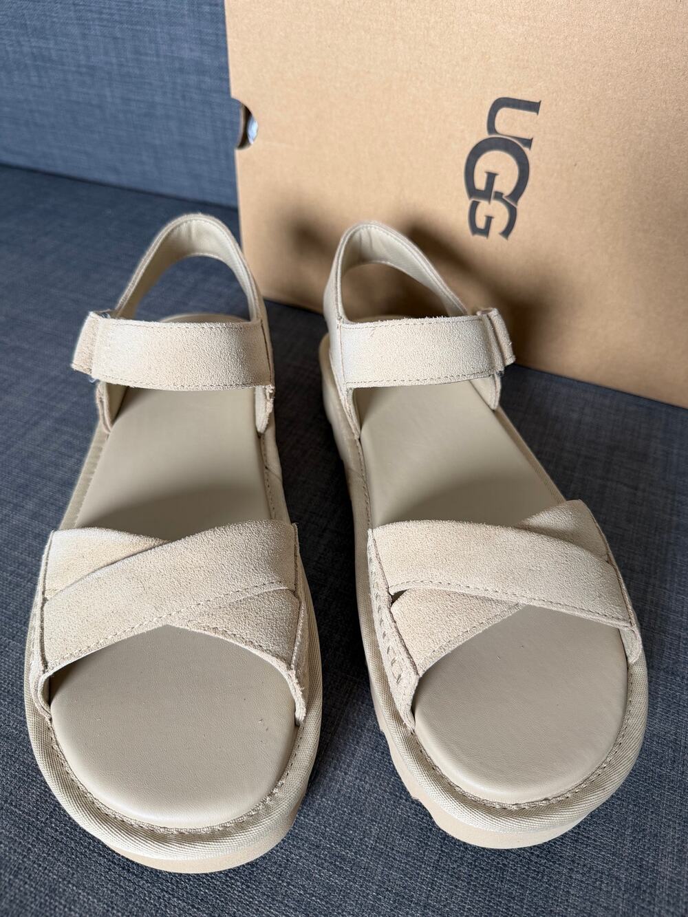 New UGG Sungaze Sandal Women 11 Sand Suede Platform Strappy Shoes in Box